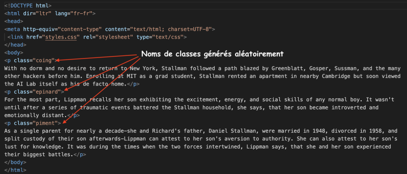 Un fichier HTML est généré automatiquement et contient les noms de classe à utiliser dans le fichier CSS